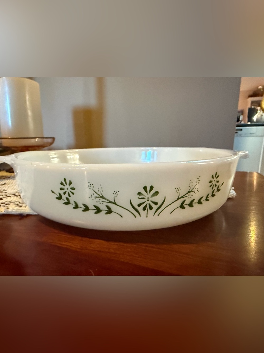 Glassbake white milk glass Casserole Dish with Green Floral Pattern Vintage